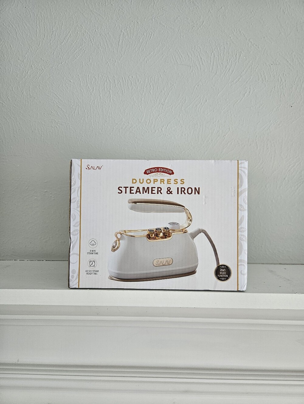New In Box- SALAV Retro Edition Duopress Garment Steamer And Iron- Pearl